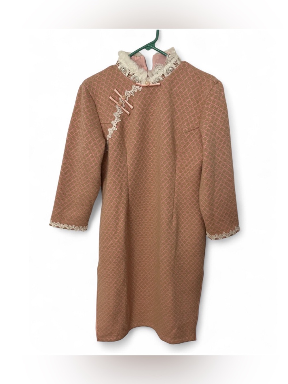 Lace-Trim Mandarin Dress Coat in Dusty Rose